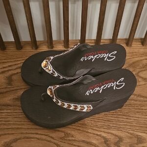 Skechers Rose Gold Beaded Flip Flops. Wedge Heels